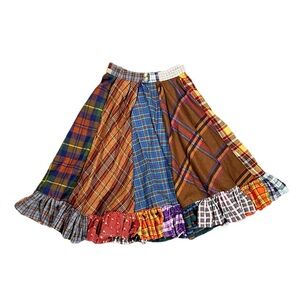 Handmade Upcyclced Vintage Colorful Plaid Patchwork Ruffle Midi Skirt Large